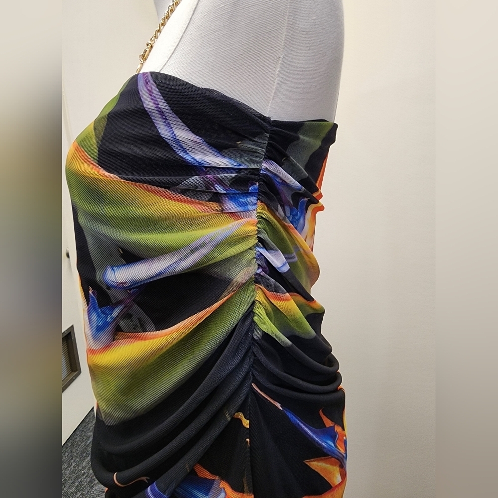 Zara Strapless Mesh Midi Dress Ruched Side Slit Multicolor Size Medium - Picture 7 of 10